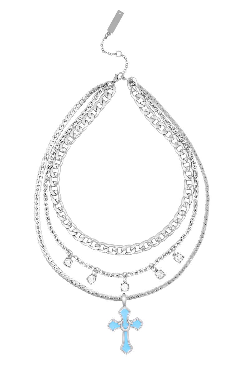 Enamel & Crystal Layered Chain Necklace, Alternate, color, SILVERTONE/ BLUE