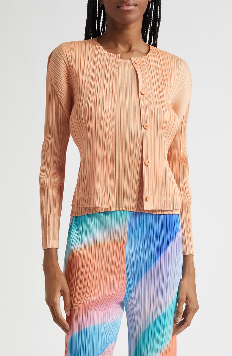 Pleats Please Issey Miyake Monthly Colors August Pleated Cardigan, Main, color, Coral Orange