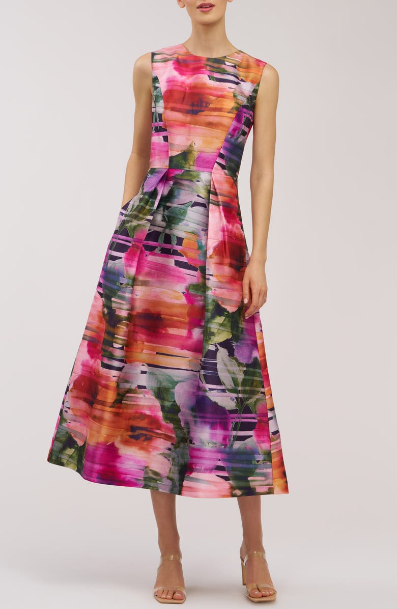 Kay Unger Tessa Watercolor Floral Midi A-Line Dress, Main, color, Sunflower Multi