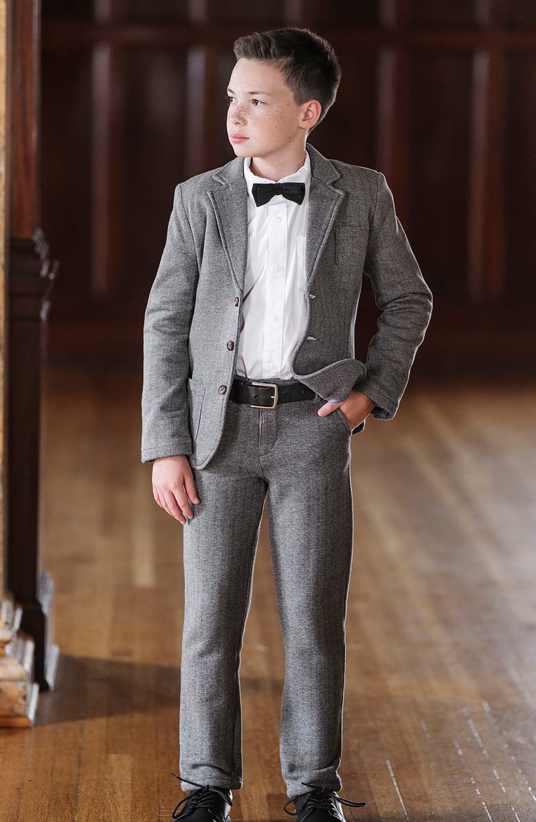 Hope & Henry Kids' Fleece Suit Pant Made with Organic Cotton, Alternate, color, Charcoal Heather Herringbone