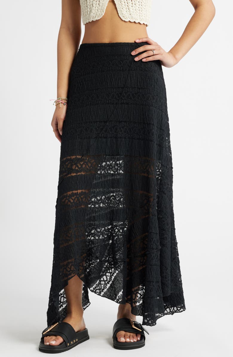 BP. Asymmetric Lace Midi Skirt, Main, color, Black