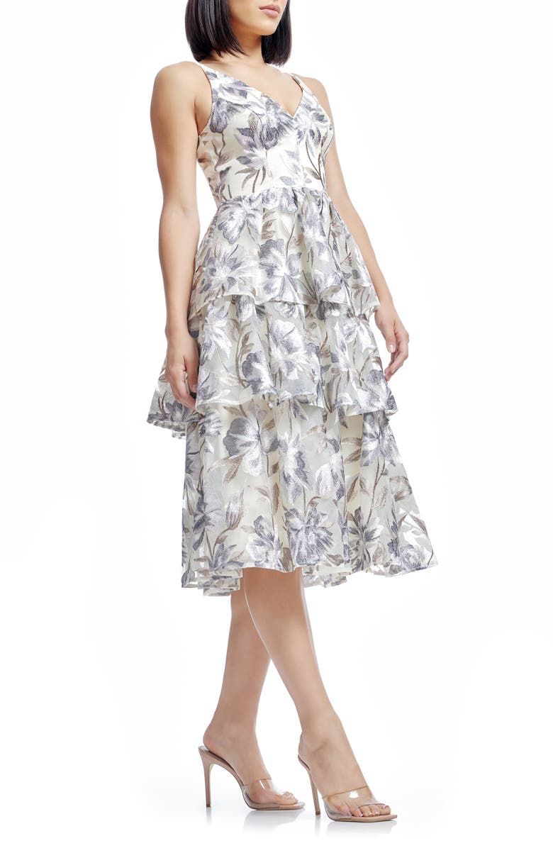 Dress the Population Lorelai Floral Embroidery Tiered Cocktail Midi Dress, Alternate, color, Ivory Multi