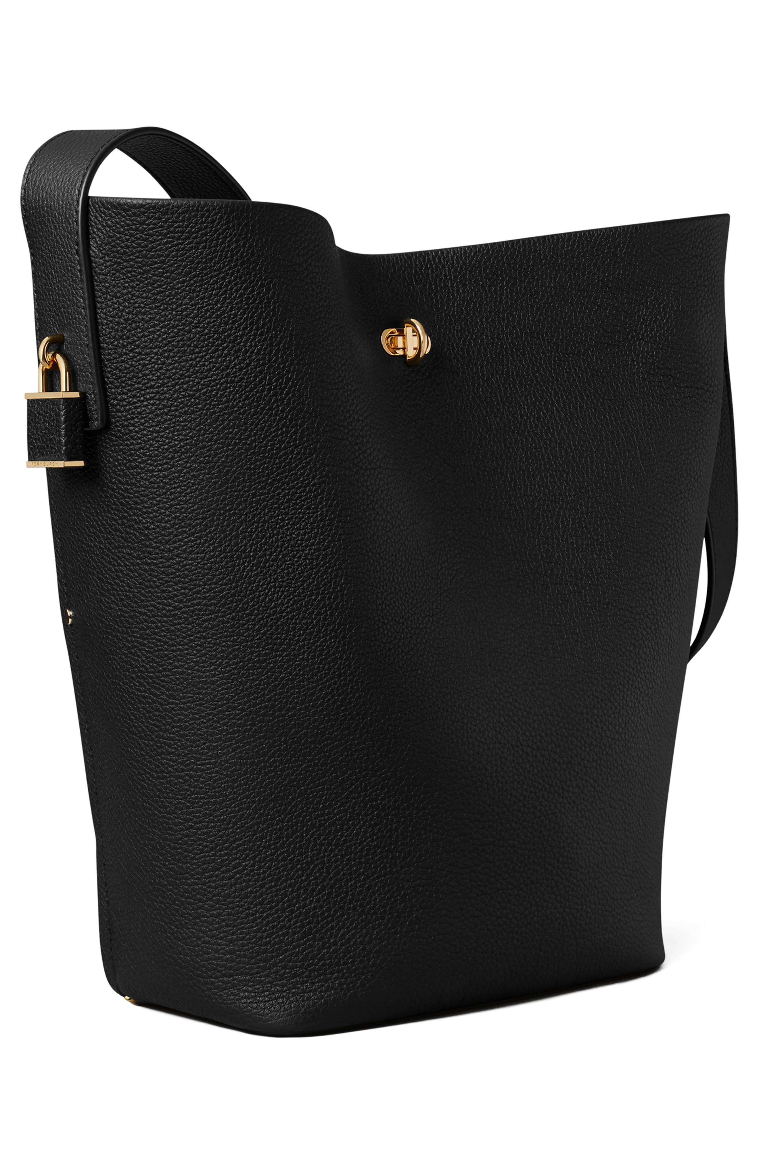 Tory Burch Slim Lock Leather Bucket Bag, Alternate, color, Black