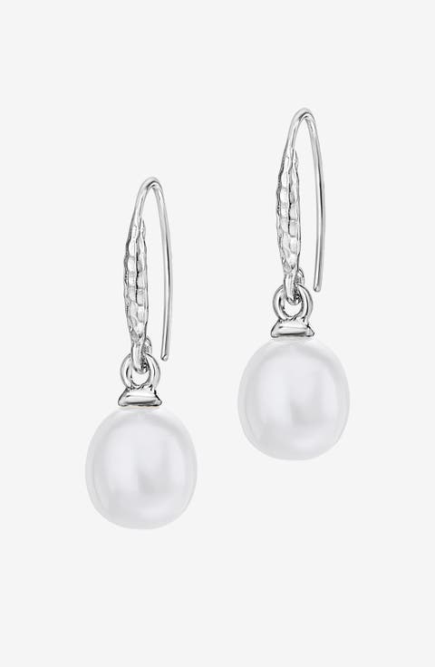 8mm Oval White Luna Pearl Drop Earrings