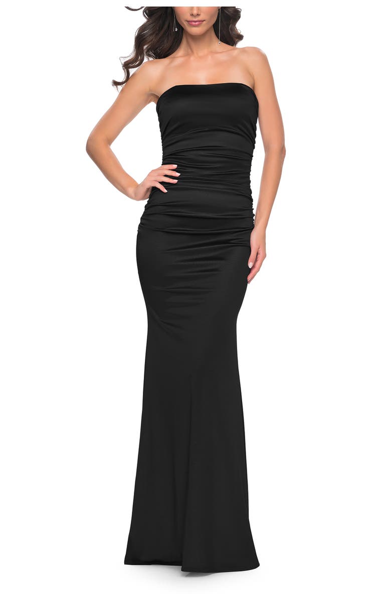 La Femme Strapless Stretch Satin Dress with Ruching, Main, color, Black
