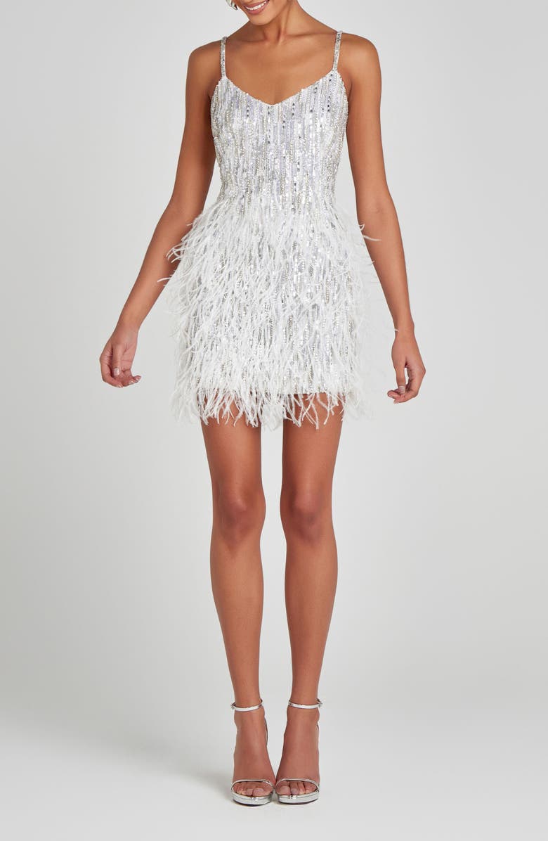 NADINE MERABI Christy Sequin & Feather Cocktail Minidress, Alternate, color, Silver