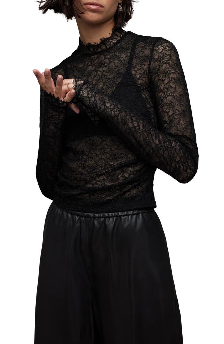 AllSaints Francesco Long Sleeve Lace Top, Alternate, color, 