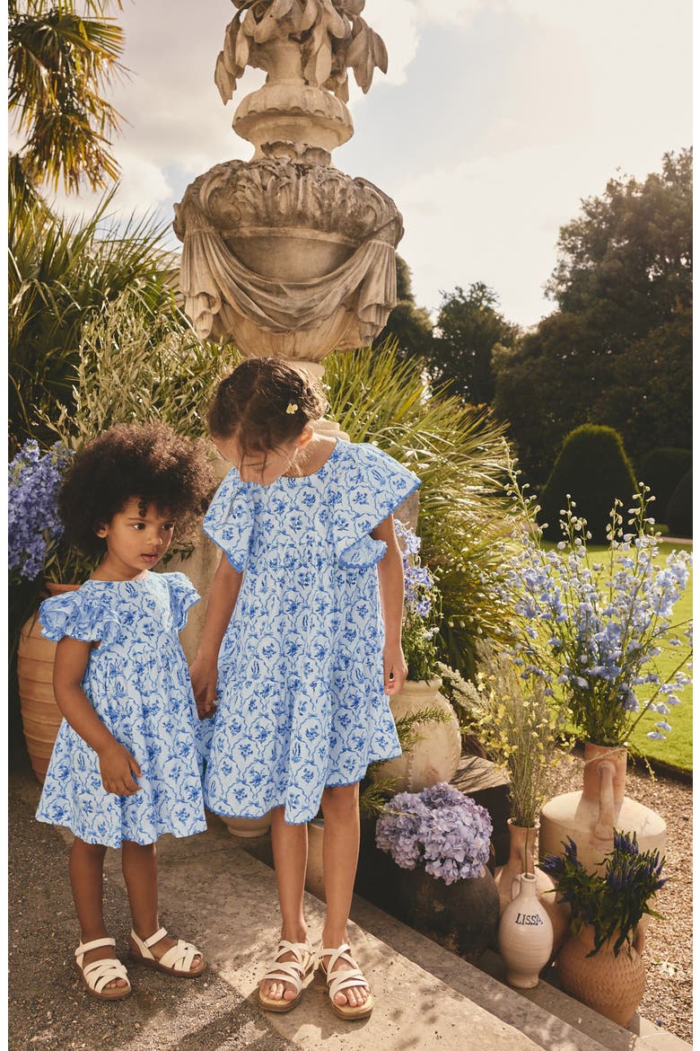 Kids' Pretty Angel Rickrack Trim Flutter Sleeve Clip Dot Cotton Dress, Alternate, color, BLUE