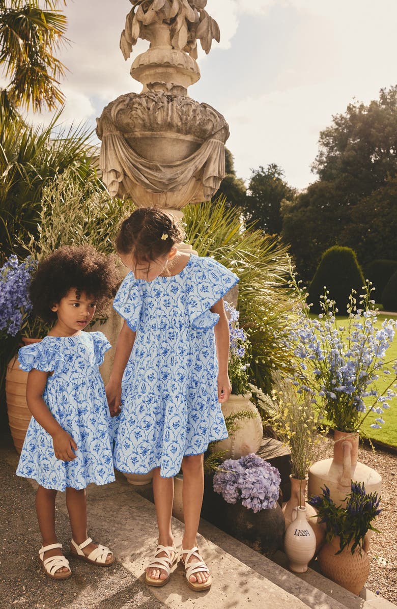 NEXT Kids' Pretty Angel Rickrack Trim Flutter Sleeve Clip Dot Cotton Dress, Alternate, color, Blue