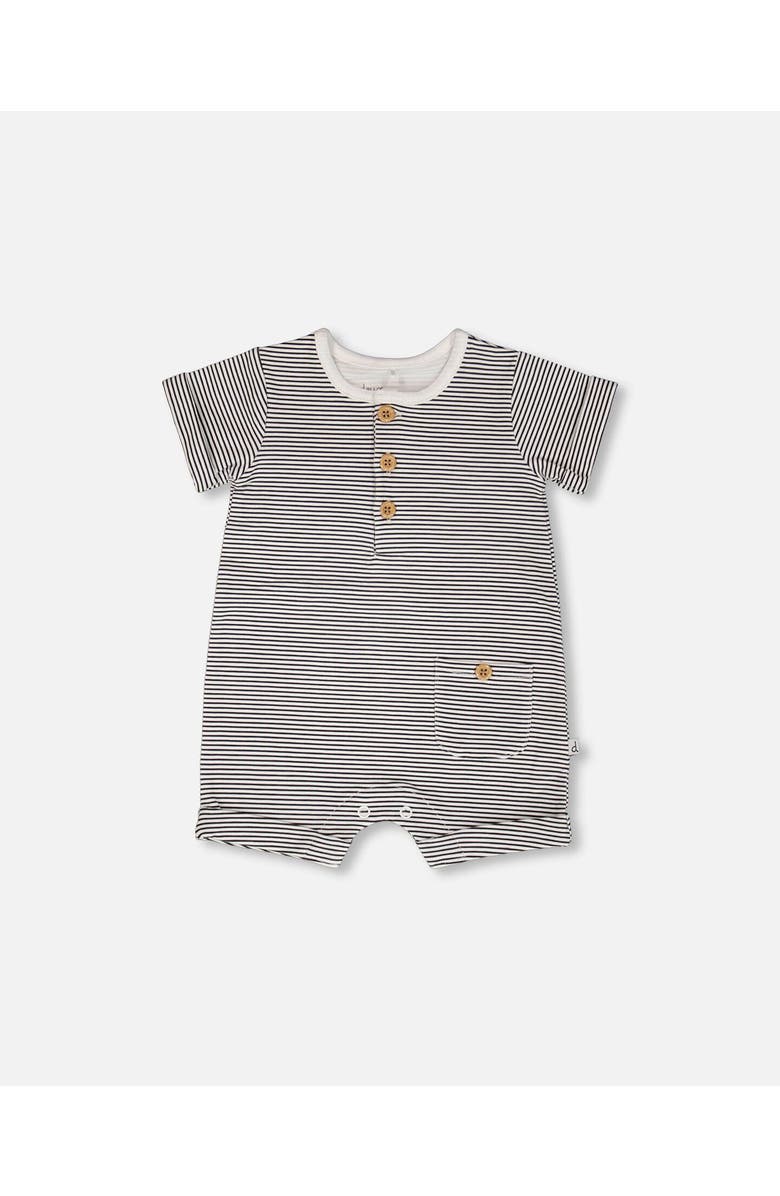Deux par Deux Cotton Jersey Stripes Short Sleeves Romper, Main, color, Black & Off White Stripes
