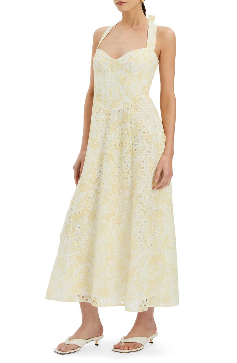 Bardot Pollie Eyelet Halter Midi Dress, Alternate, color, 