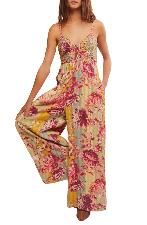 Free People Melrose Smocked Wide Leg Jumpsuit In Warm Combo