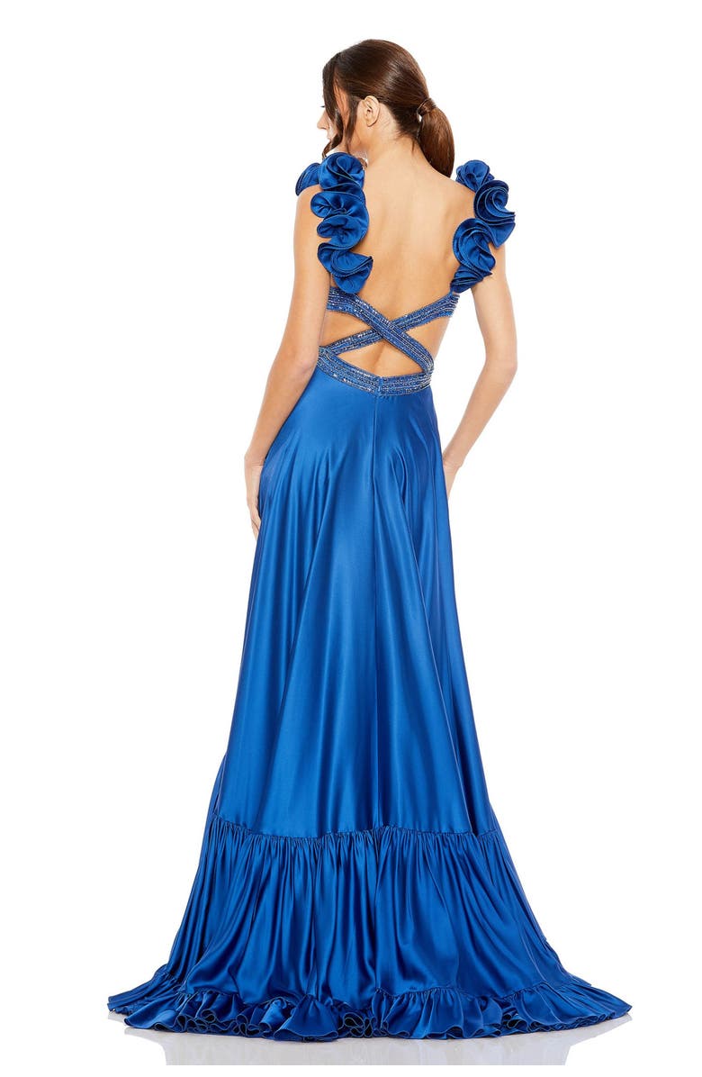 Mac Duggal Sequined Mesh Overlay Satin Dress with Ruffled Cap Sleeves and Beaded Bodice, Alternate, color, Royal
