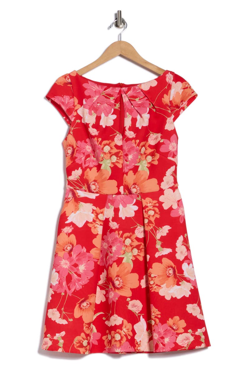 Floral Cap Sleeve Scuba Fit & Flare Dress, Alternate, color, RED MULTI
