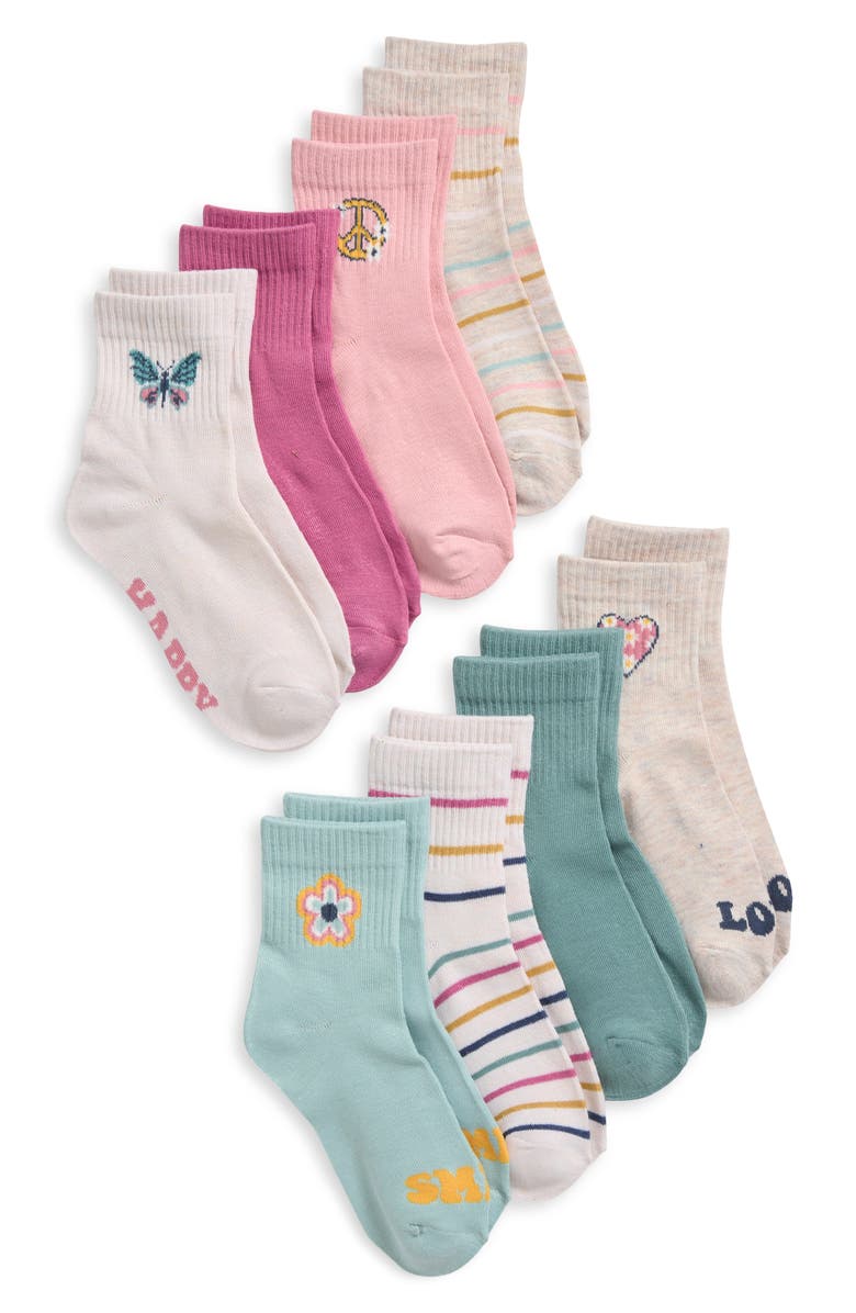 Capelli New York Kids' Positive Vibes Assorted 8-Pack Quarter Socks, Main, color, Pink Teal Ivory Combo
