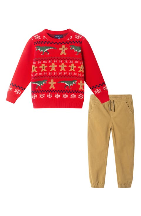 Kids Dino Fair Isle Cotton Crewneck Sweater & Twill Joggers Set (Toddler, Little Kid & Big Kid)