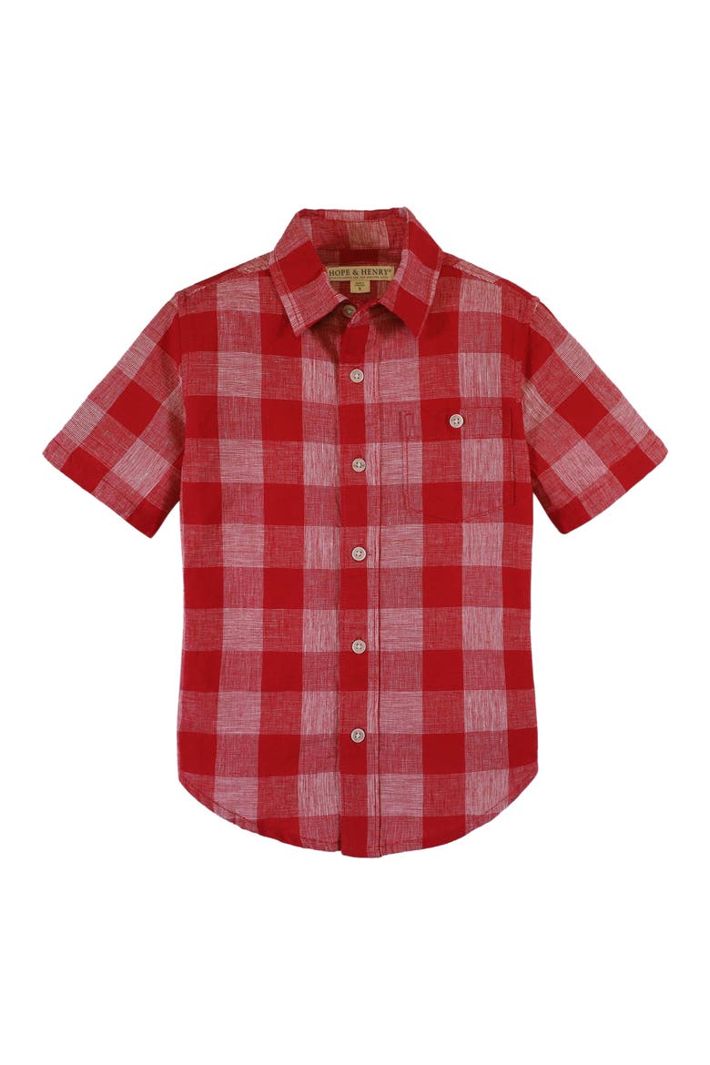 Boys' Linen Short Sleeve Button Down Shirt, Kids, Main, color, Red Pencil Check Linen