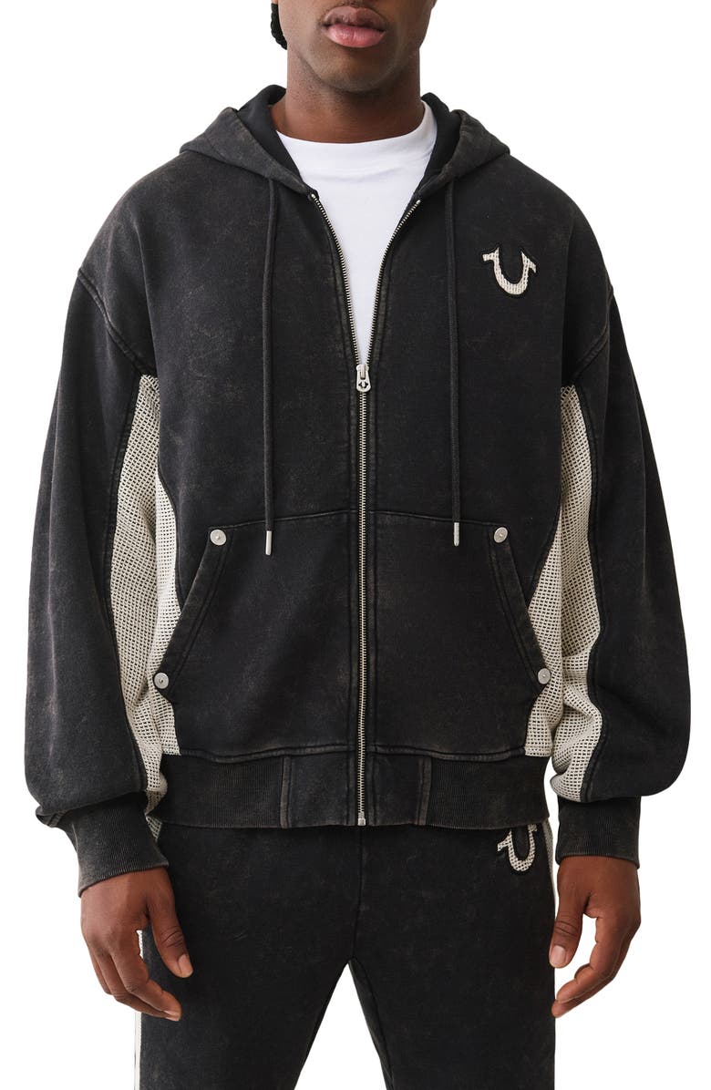 True Religion Mesh Panel Logo Zip Hoodie, Main, color, Jet Black