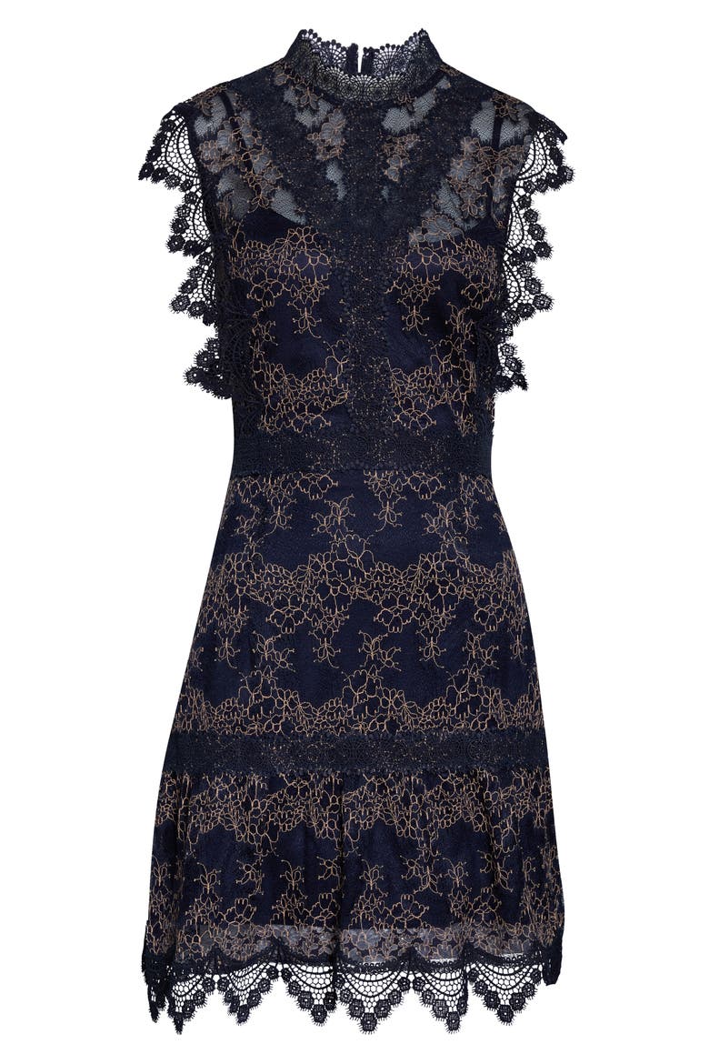 Madeline Mock Neck Lace Cocktail Dress, Alternate, color, NAVY-BLUSH