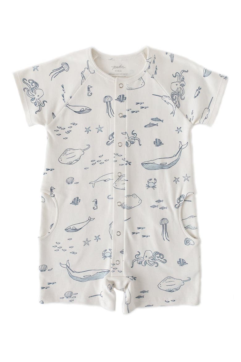 Print Short Sleeve Organic Cotton Romper, Main, color, LIFE AQUATIC