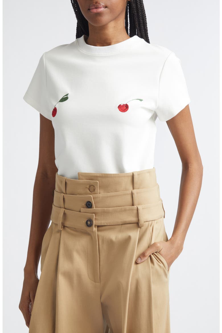 Cheeky Cherry Embroidered Stretch Cotton T-Shirt, Alternate, color, WHITE