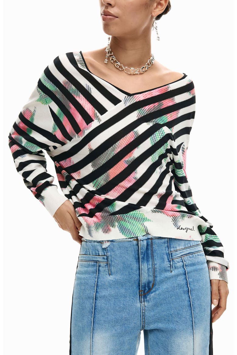 Stripe Fine Gauge Surplice Neck Sweater, Main, color, BLACK