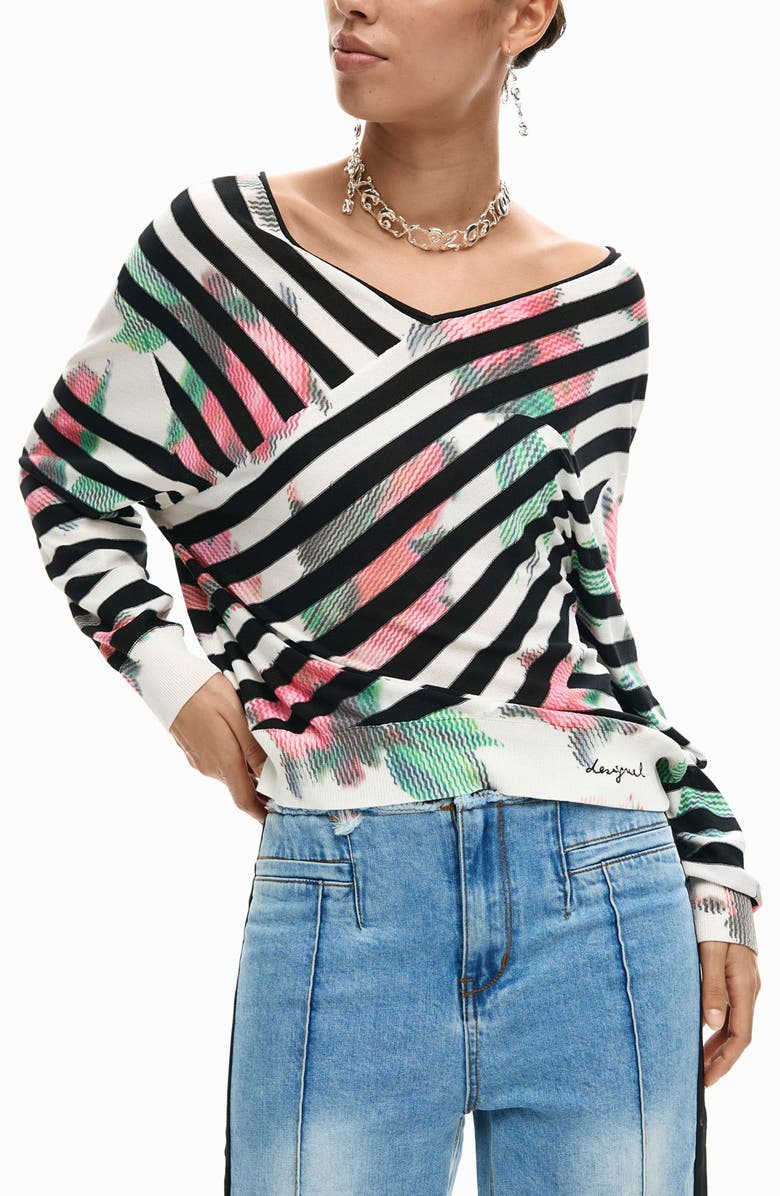 Desigual Stripe Fine Gauge Surplice Neck Sweater, Main, color, 