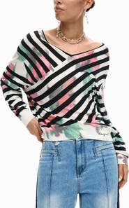 Desigual Stripe Fine Gauge Surplice Neck Sweater