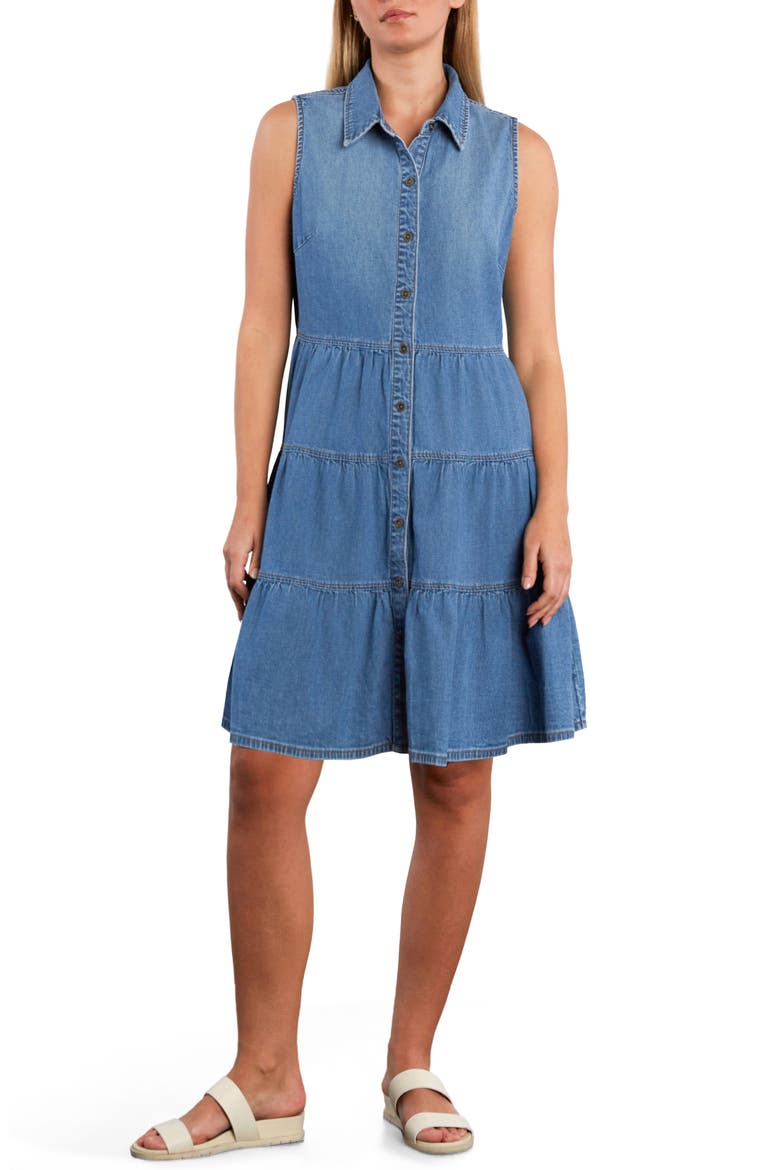 Belle Sleeveless Tiered Denim Dress, Main, color, LA BLUE