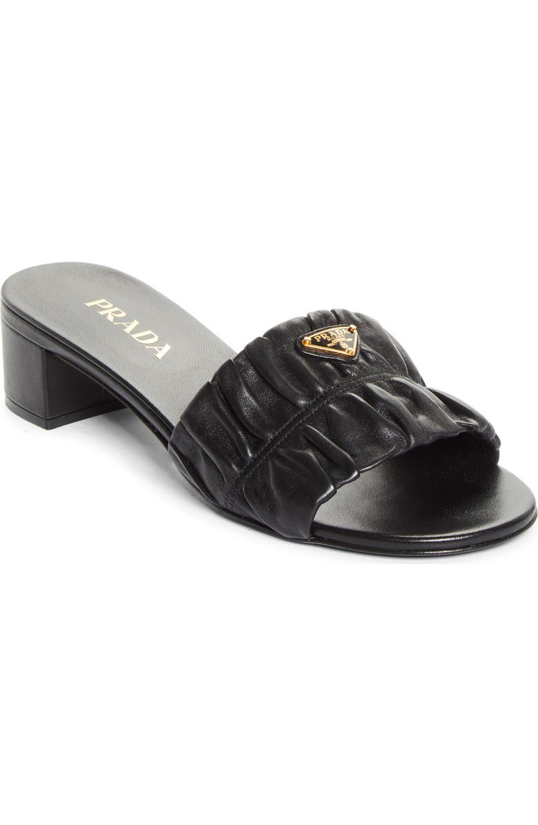 Prada Ruched Logo Sandal, Main, color, Nero