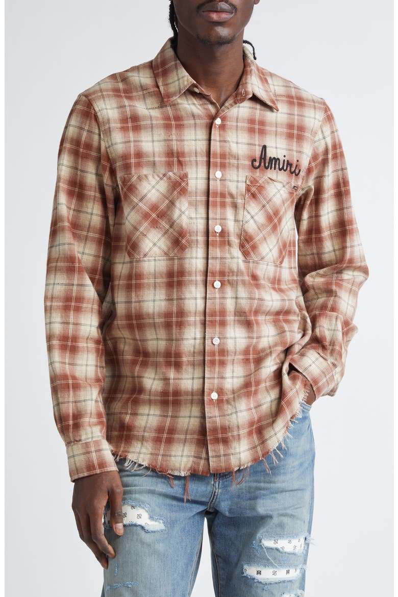 Shotgun Distressed Plaid Flannel Button-Up Shirt, Main, color, CHOCOLATE