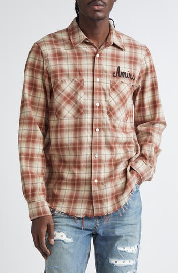 AMIRI Shotgun Distressed Plaid Flannel Button-Up Shirt