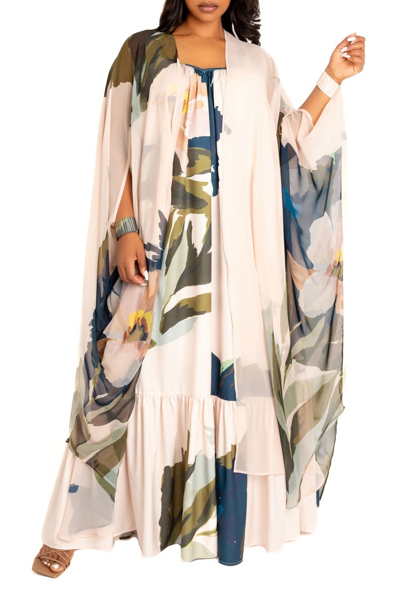 BUXOM COUTURE Floral Robe with Wristband, Main, color, Beige Multi