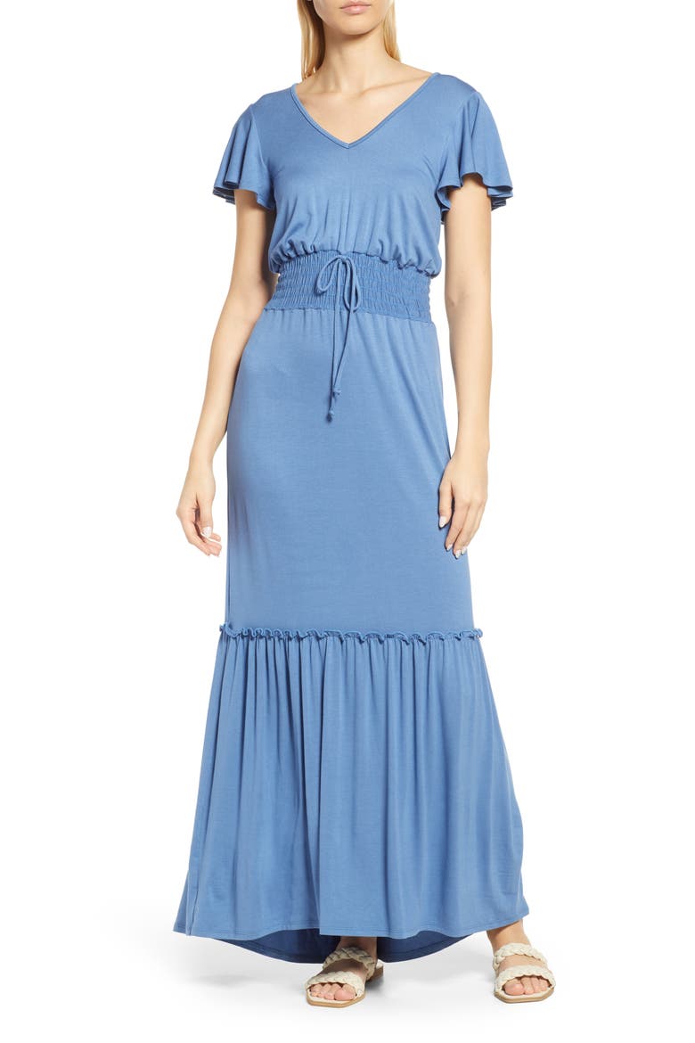 Smock Waist Knit Maxi Dress, Main, color, DENIM