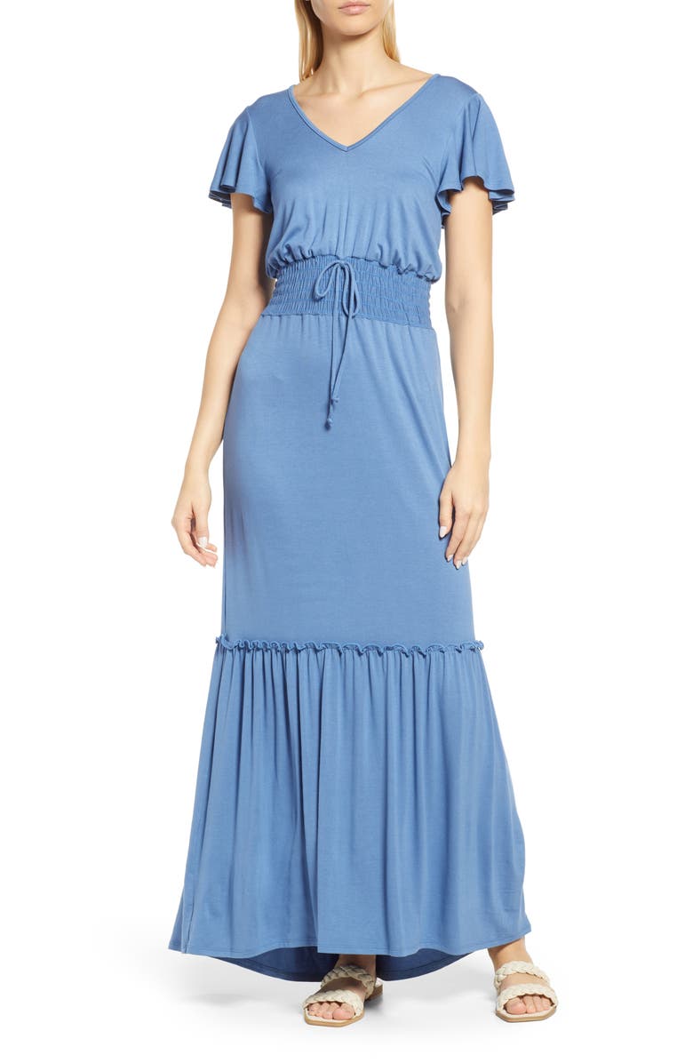 Loveappella Smock Waist Knit Maxi Dress, Main, color, Denim