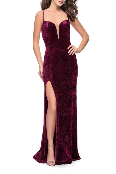 Crushed Velvet Form Fitting Gown with Leg Slit and Open Back