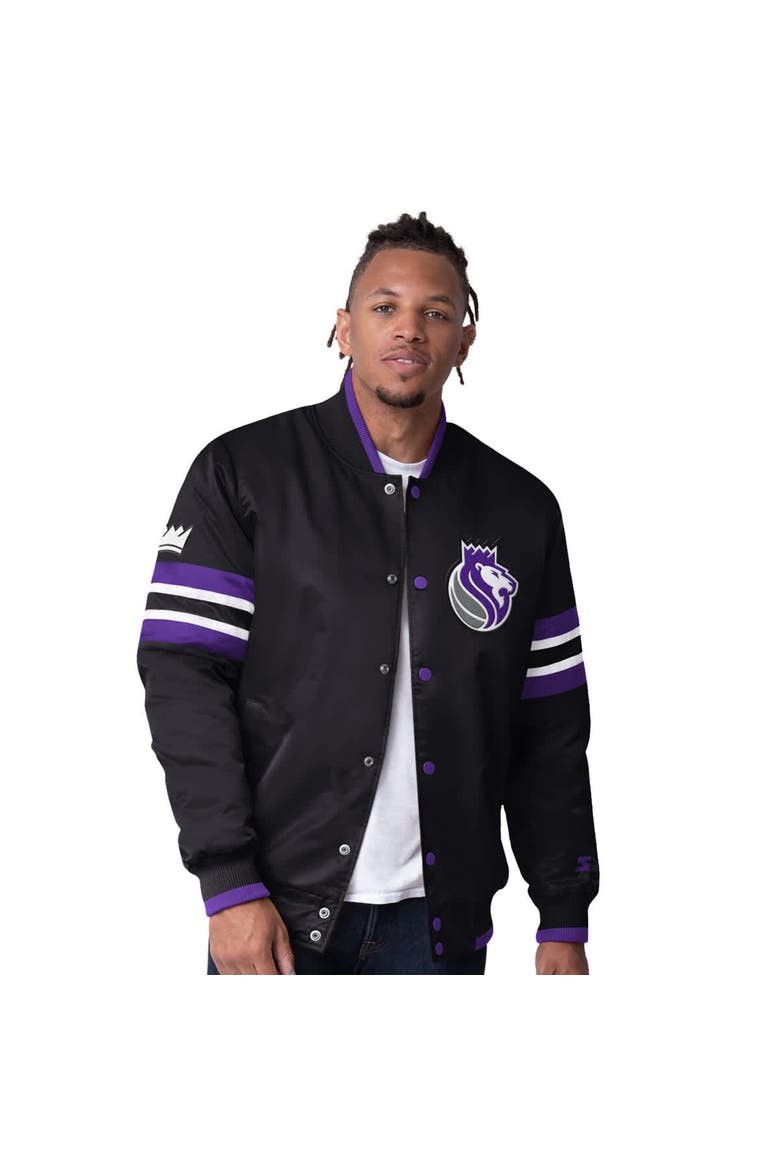 Men's Starter Black Sacramento Kings Scout Varsity Satin Full-Snap Jacket, Main, color, Black