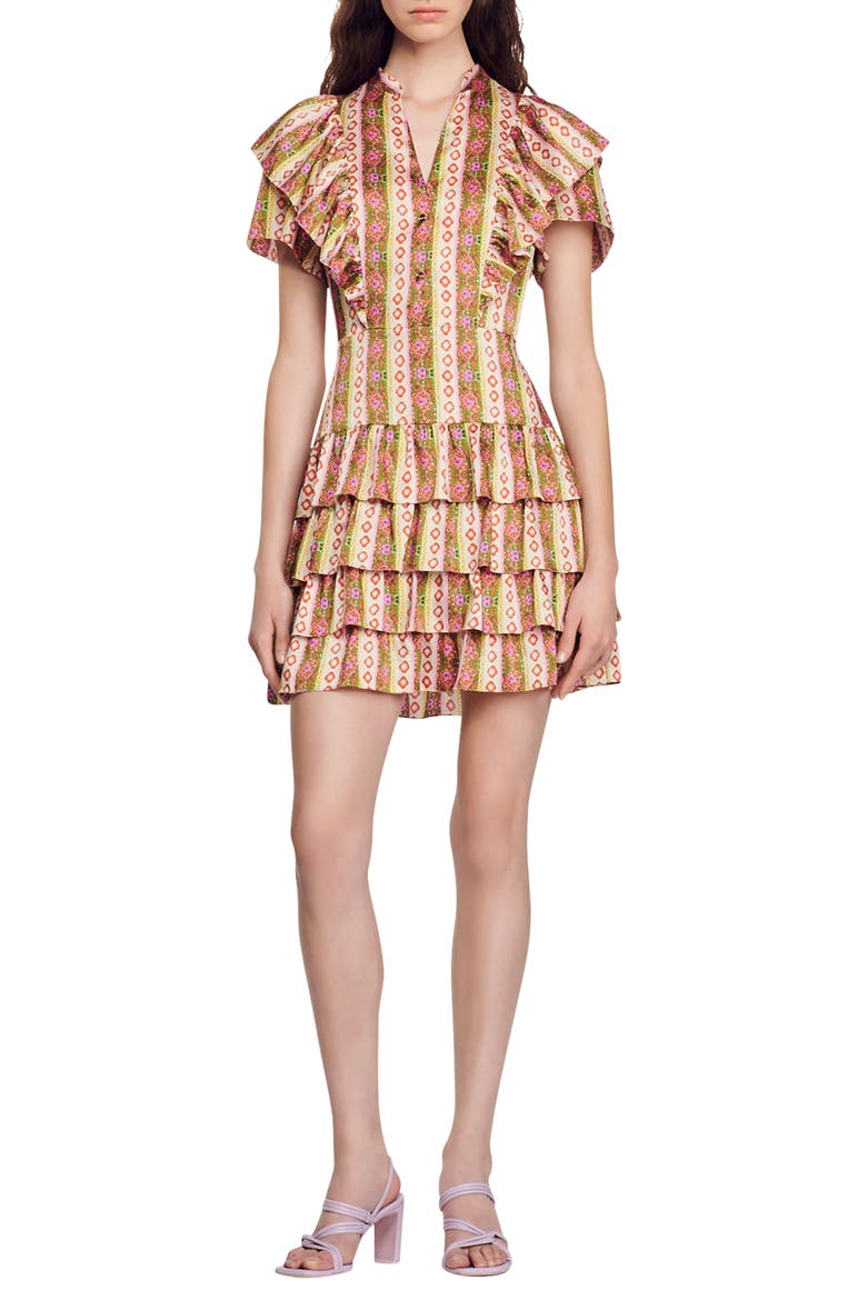 Simonna Stripe Ruffle Tiered Dress, Main, color, GREEN / ORANGE