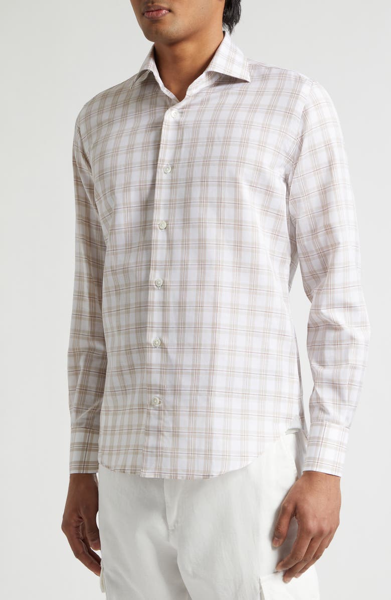 Eleventy Dandy Collar Check Cotton & Linen Button-Up Shirt, Alternate, color, Sand