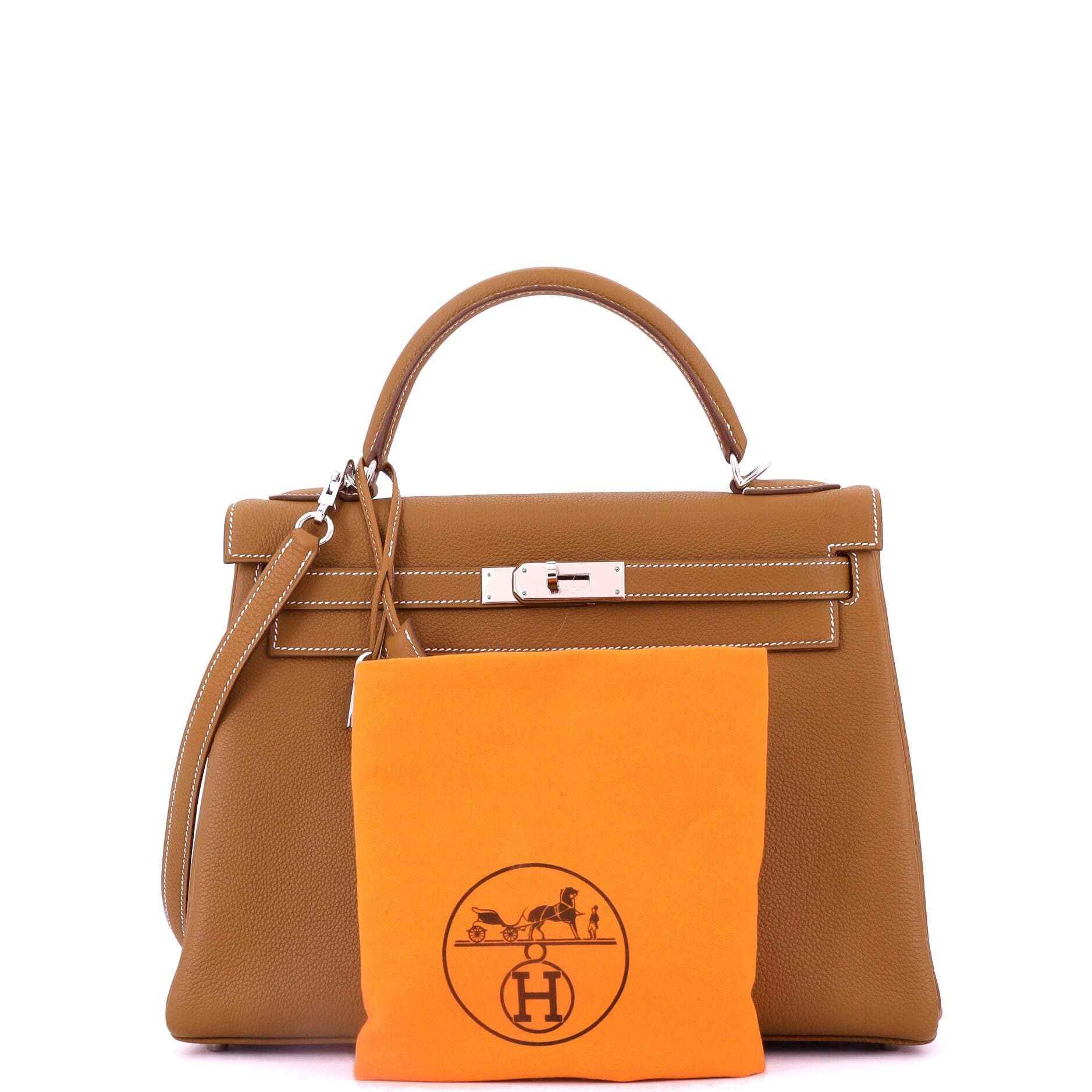 Pre-Owned Hermes Kelly Handbag Brown Togo with Palladium Hardware 32, Alternate, color, Gold