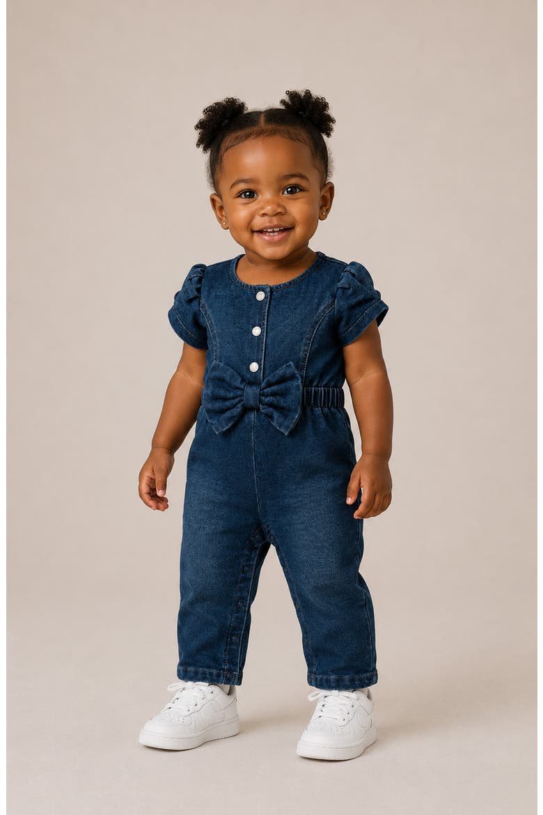 Bow Front Puff Sleeve Cotton Blend Knit Denim Jumpsuit, Alternate, color, DENIM