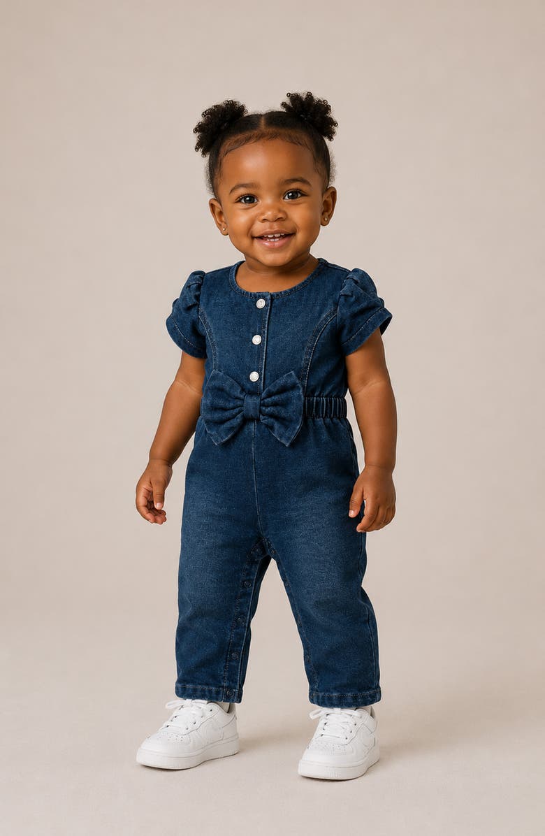 Habitual Kids Bow Front Puff Sleeve Cotton Blend Knit Denim Jumpsuit, Alternate, color, Denim