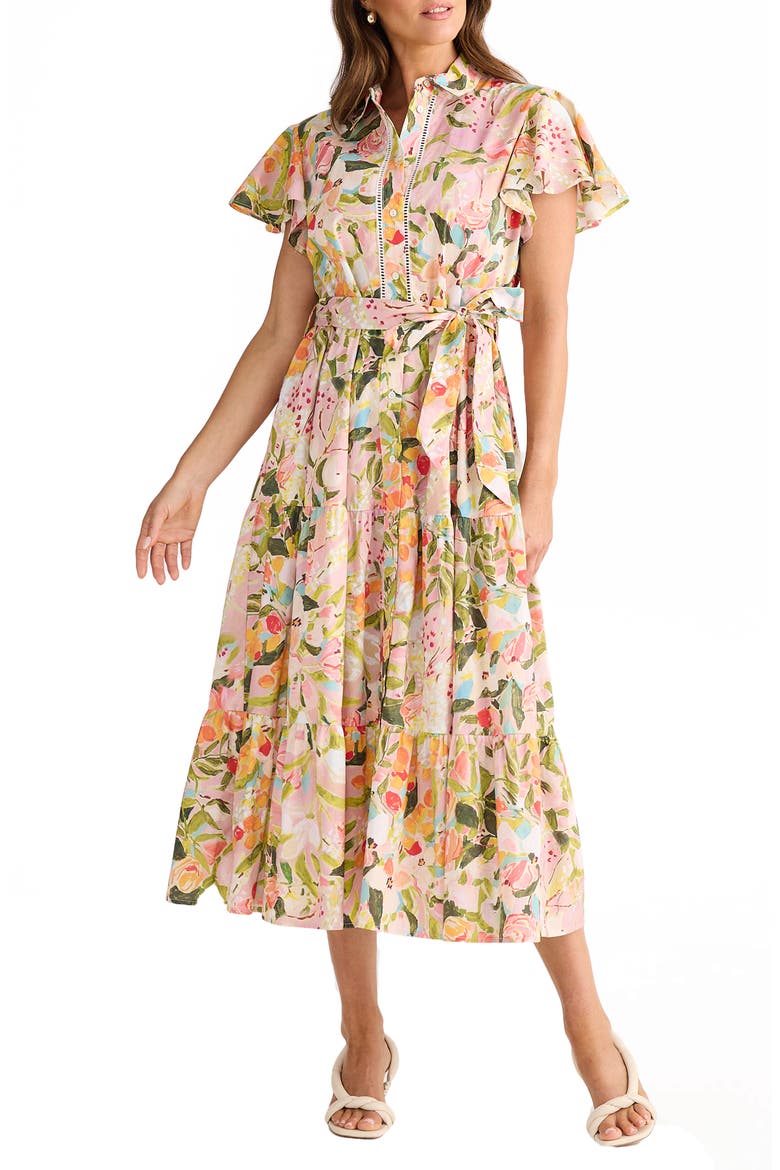Alice Floral Flutter Sleeve Tiered Cotton Shirtdress, Main, color, ZOES GARDEN