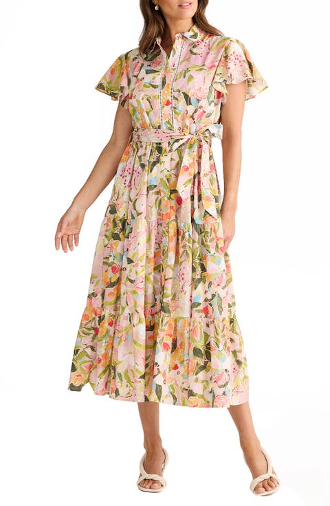 Alice Floral Flutter Sleeve Tiered Cotton Shirtdress