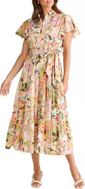 Brave+True Alice Floral Flutter Sleeve Tiered Cotton Shirtdress