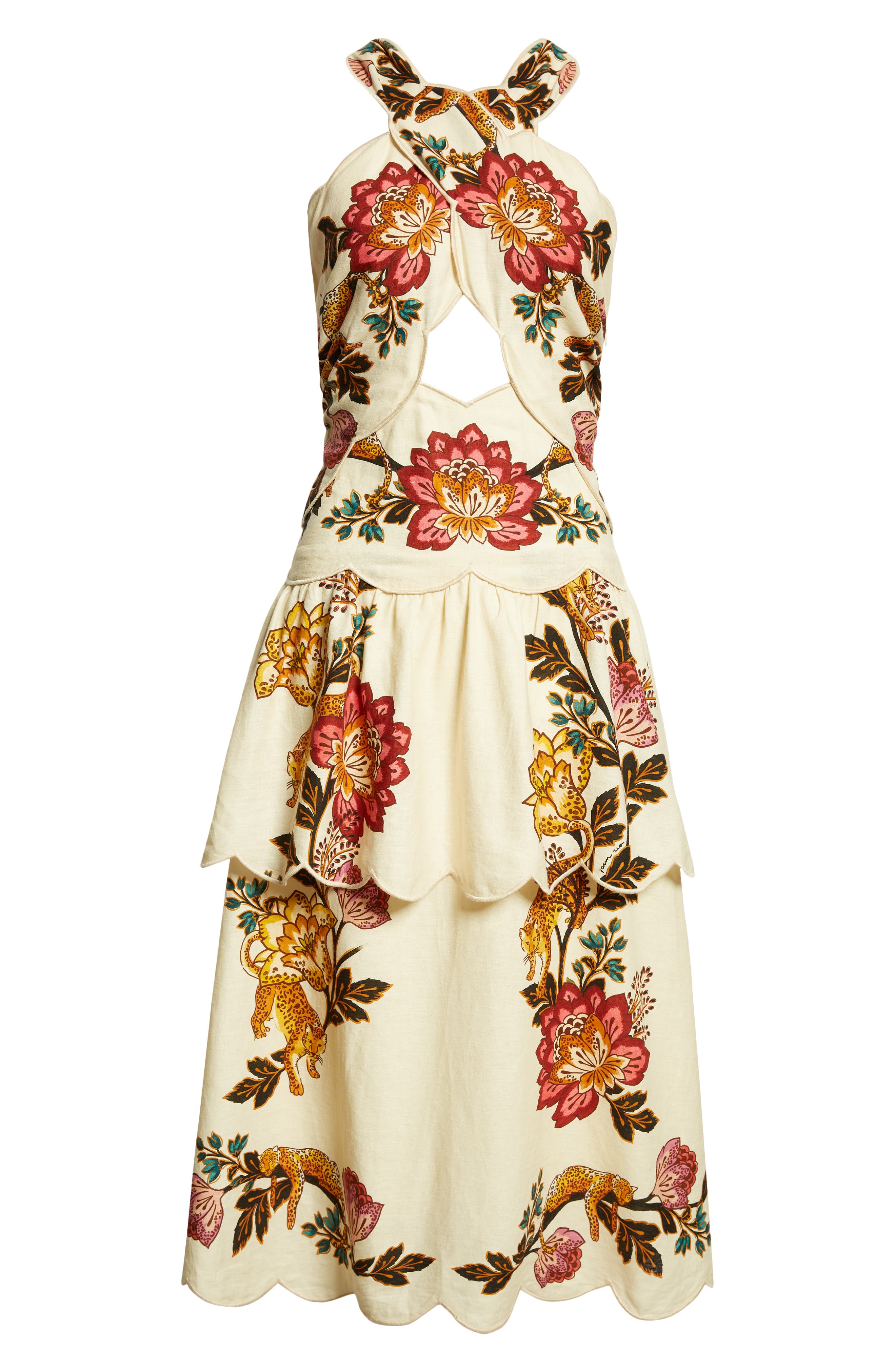 sand leopard flowers cut out midi dress Leopard Flowers Print Cutout Detail Linen Blend Dress (Women)