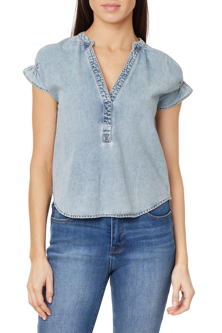 Ruffle Short Sleeve Denim Top, Main, color, CADIZ
