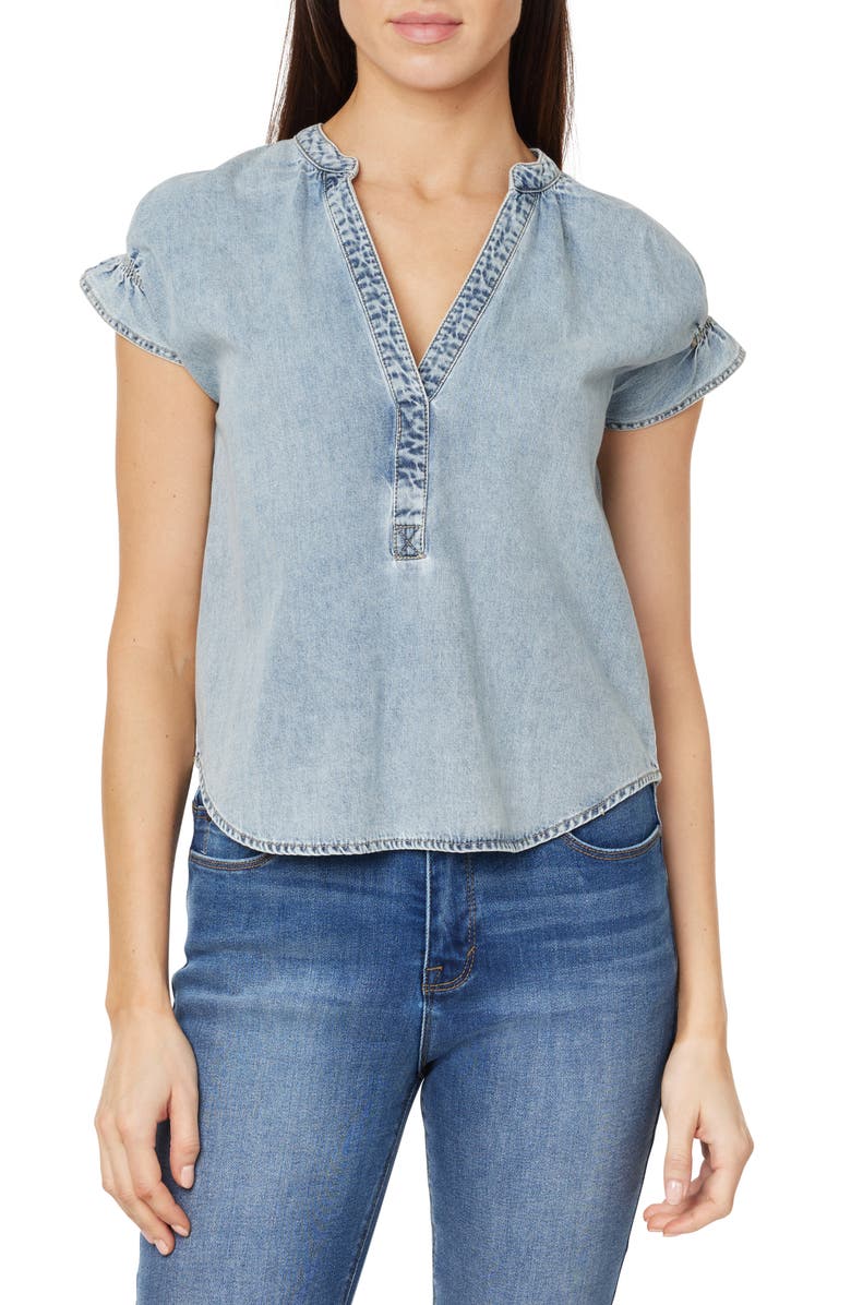 CURVE APPEAL Ruffle Short Sleeve Denim Top, Main, color, Cadiz