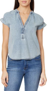 CURVE APPEAL Ruffle Short Sleeve Denim Top