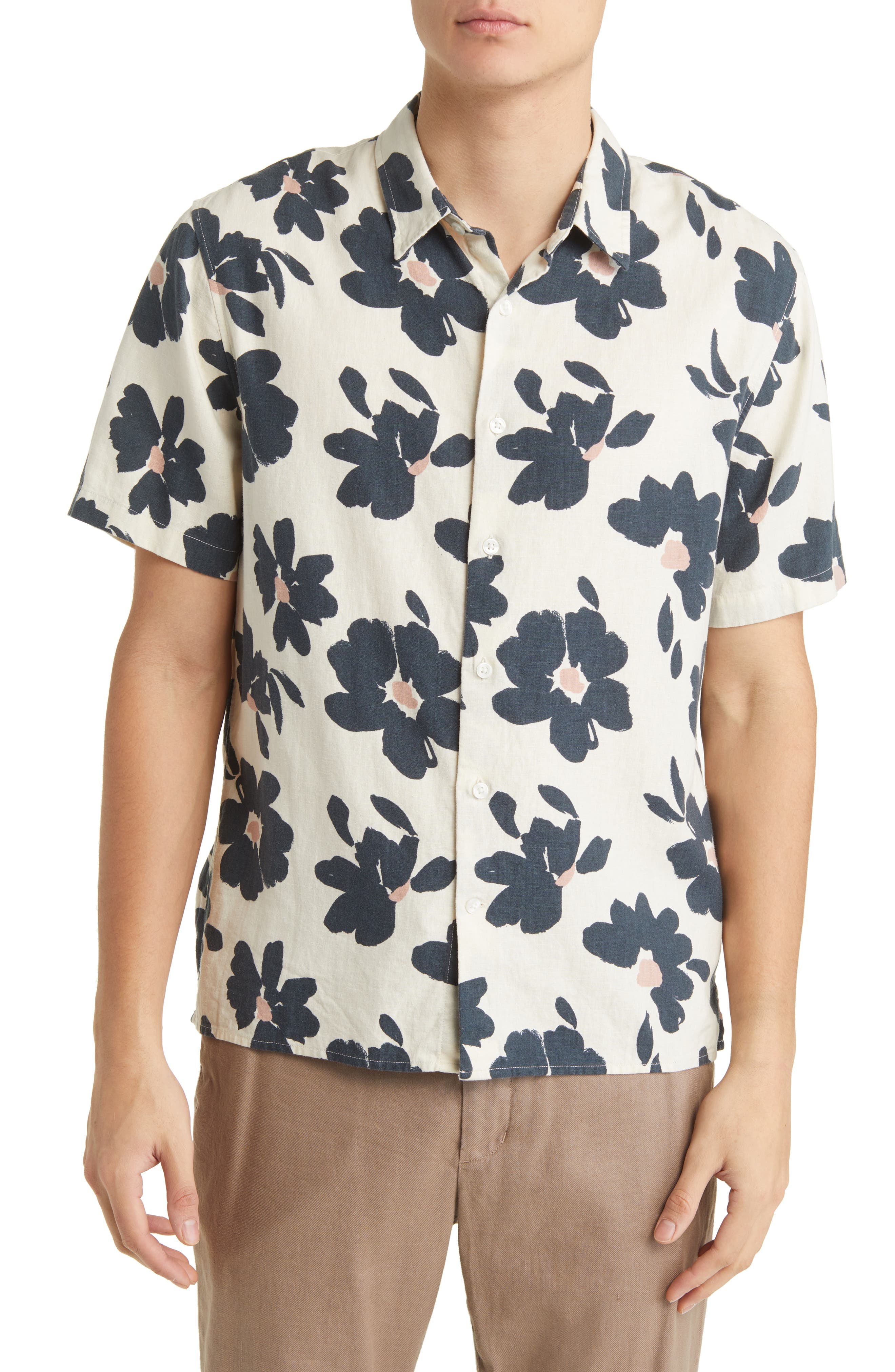 Vince Painterly Floral Short Sleeve Linen Blend Button-Up Shirt